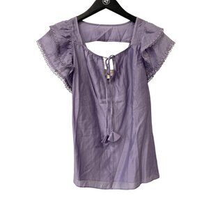 Cotton Chicks Blouse Size Medium Tie Neck Lace Trim Flutter Sleeve Lavender Boho